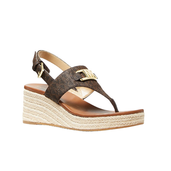 Michael Kors Camila Logo Canvas/Leather Wedge Sandal Brown Nib - Picture 1 of 3